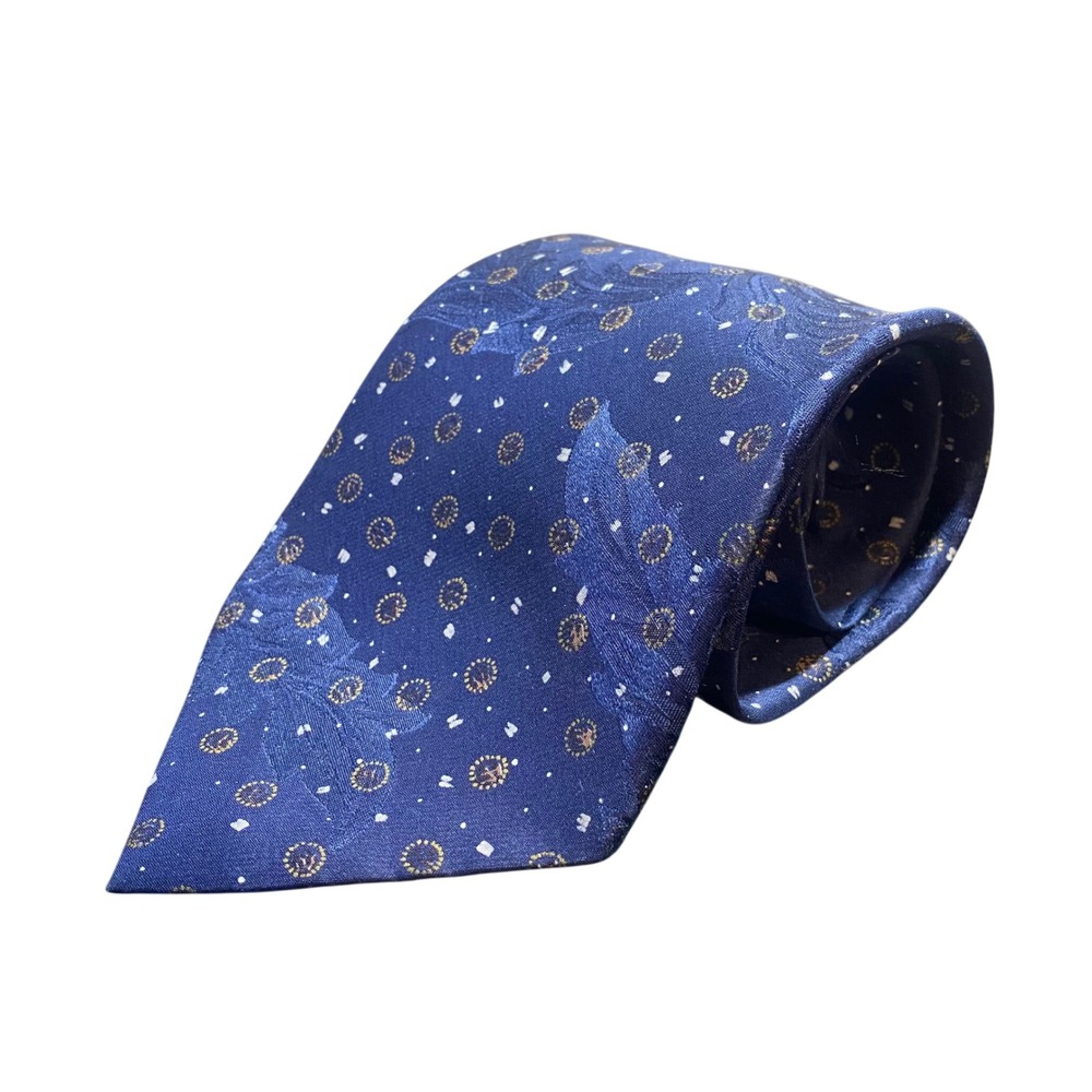 Anne Klein Mens Tie Silk Paisley‎ Floral Medallion Blue Gold USA Wedding Formal
